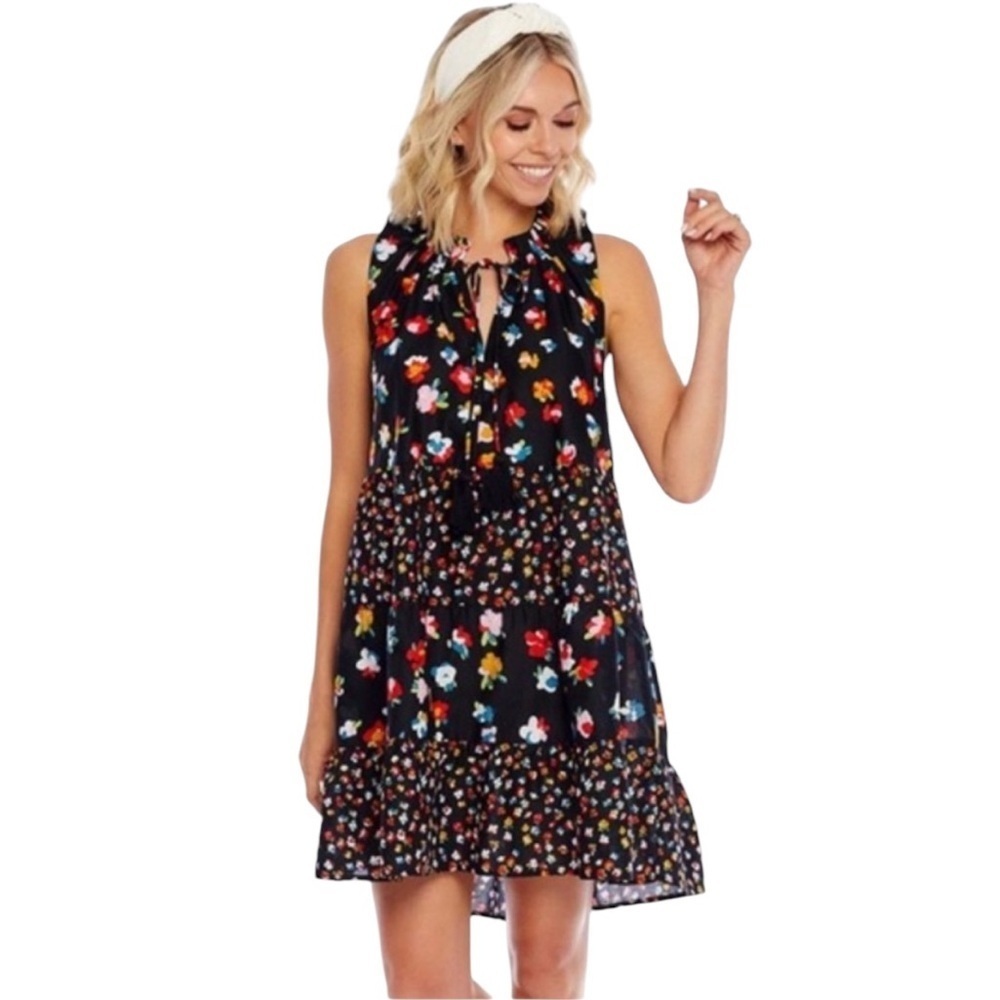 Mud Pie Black Floral Ruffle Sleeveless Tiered Sundress Women’s Size Small NEW